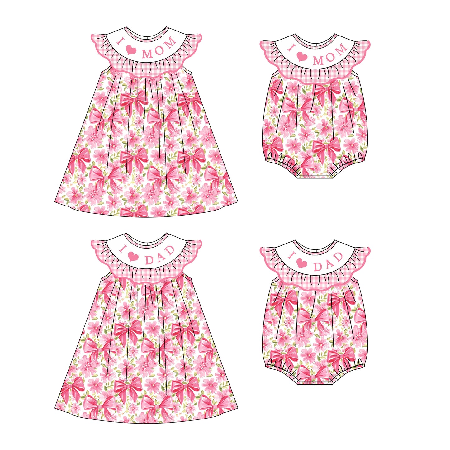 ( Moq 5 Each Style ) Baby Girl I Love Mom Dad Pink Flower Bows Sibling Summer Romper Dress 4.22