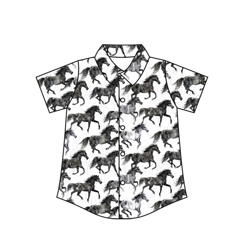 ( Moq 5 ) Baby Boy Short Sleeves Black Horses Button Shirts Tops