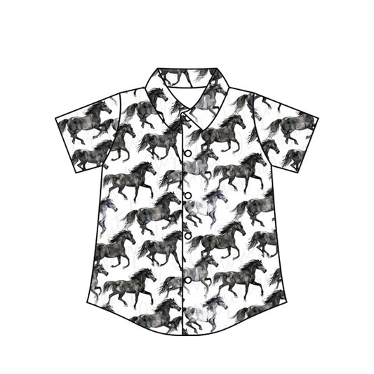 ( Moq 5 ) Baby Boy Short Sleeves Black Horses Button Shirts Tops