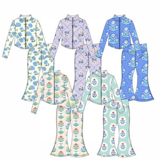( Moq 10 ) Baby Girl Colorful Flower Long Sleeves Pockets Zipper Shirt Bell Bottom Pants Activity Wear Yoga Set