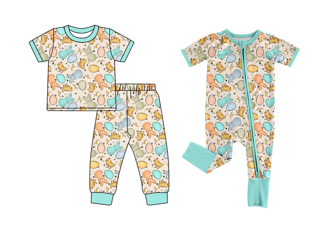 ( Moq 5 Each Style ) Baby Boys Short Sleeves Rabbits Eggs Sibling Easter Zipper Romper Set