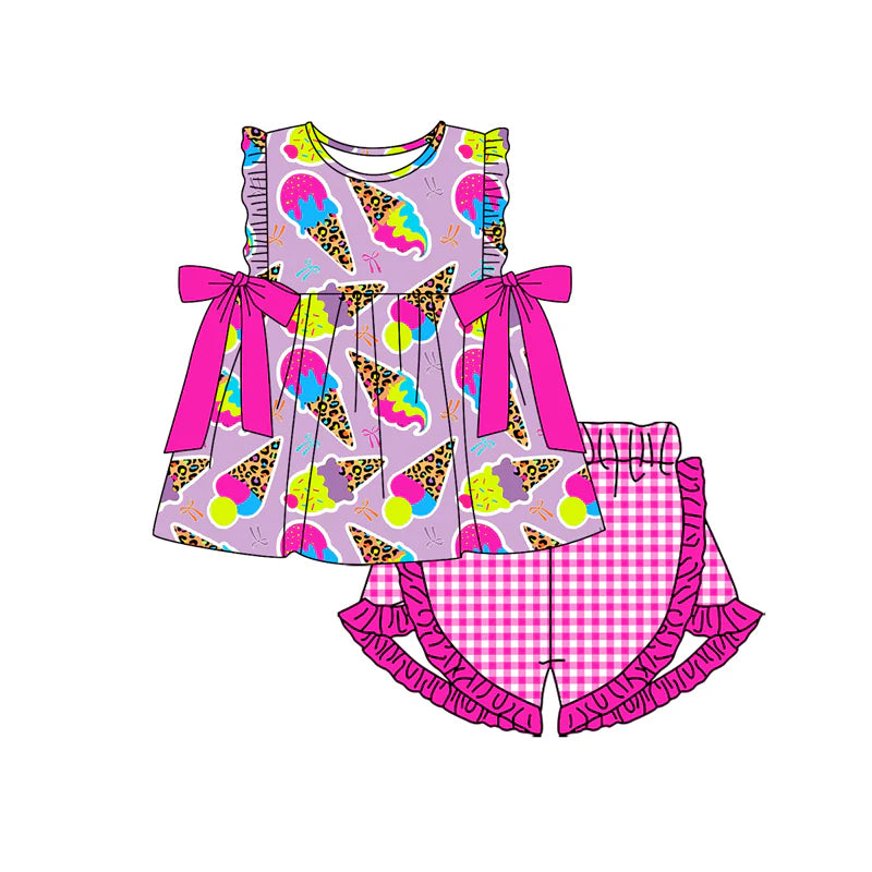 Baby Girl Sleeveless Bows Ice-cream Bows Tunic Plaid Ruffle Shorts Set ( Moq 5 )