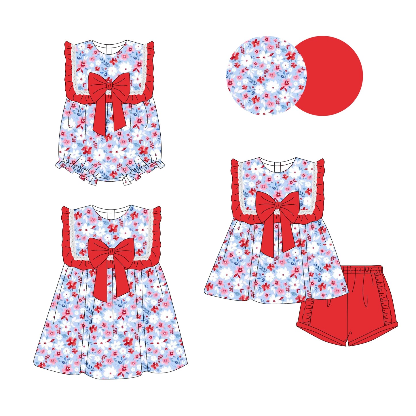 Baby Girl Flower Red Bows Sibling Romper Dress Set ( Moq 5 Each Style ) 3.18
