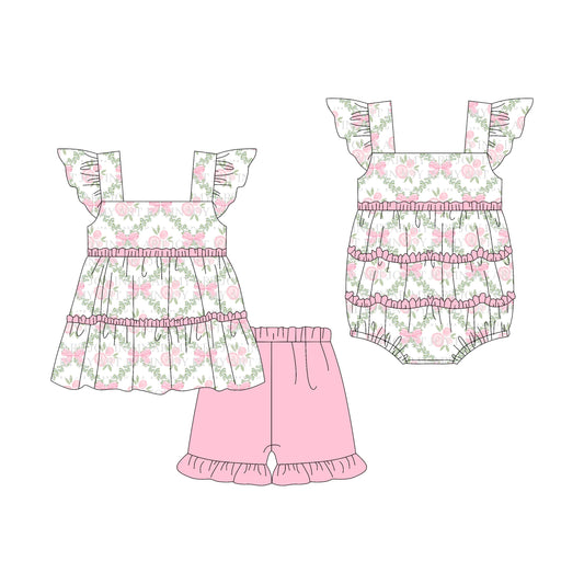 Baby Girl Short Sleeves Floral Bows Pink Ruffle Sibling Romper Set ( Moq 5 Each Style ) 3.7