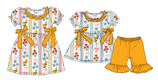 ( Moq 5 Each Style ) Sibling Baby Girls Kids Short Sleeves Bows Flower Dress Set Clothes
