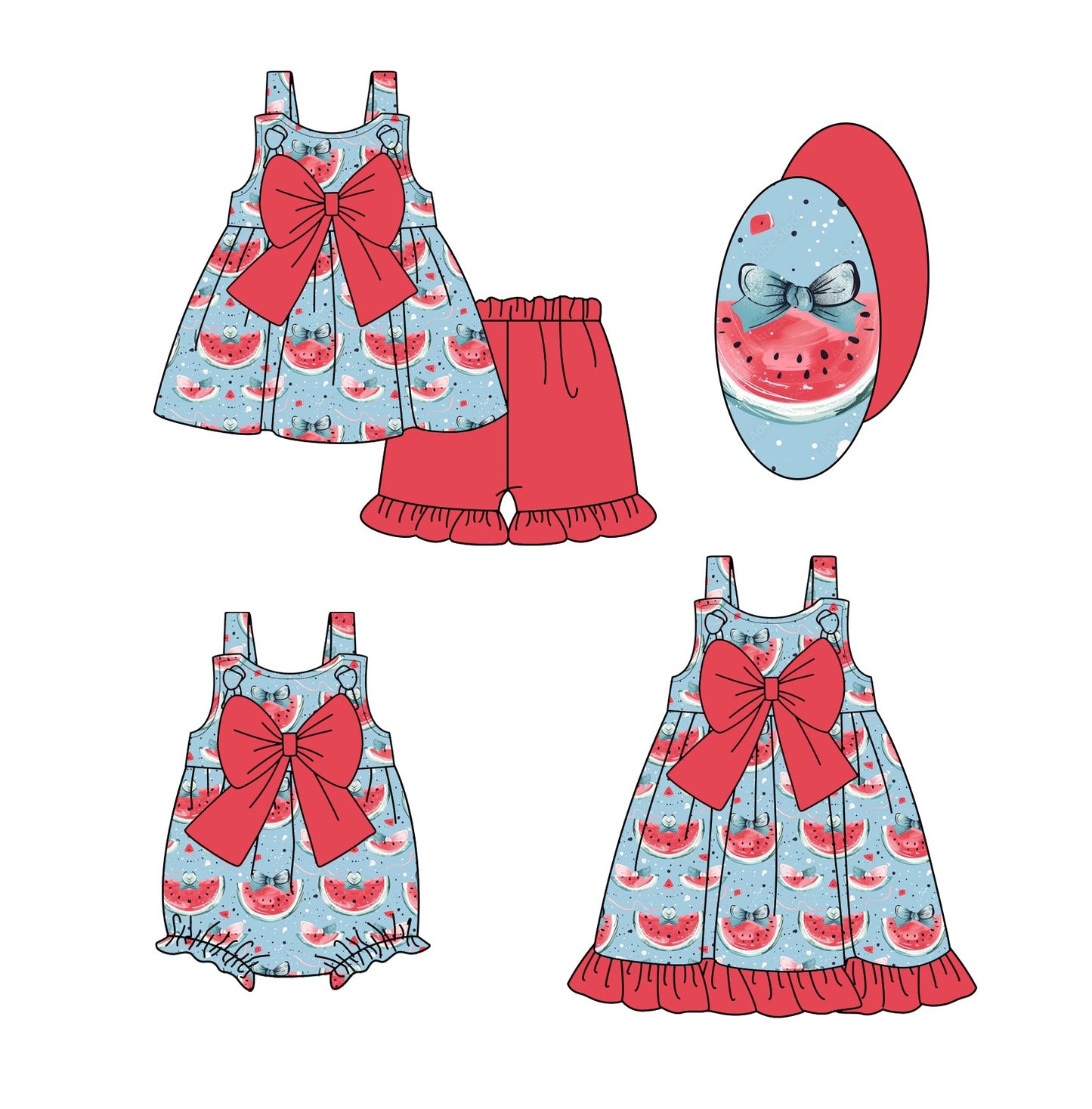 Baby Girl Straps Watermelon Bows Sibling Romper Dress Set ( Moq 5 Each Style ) 2.7