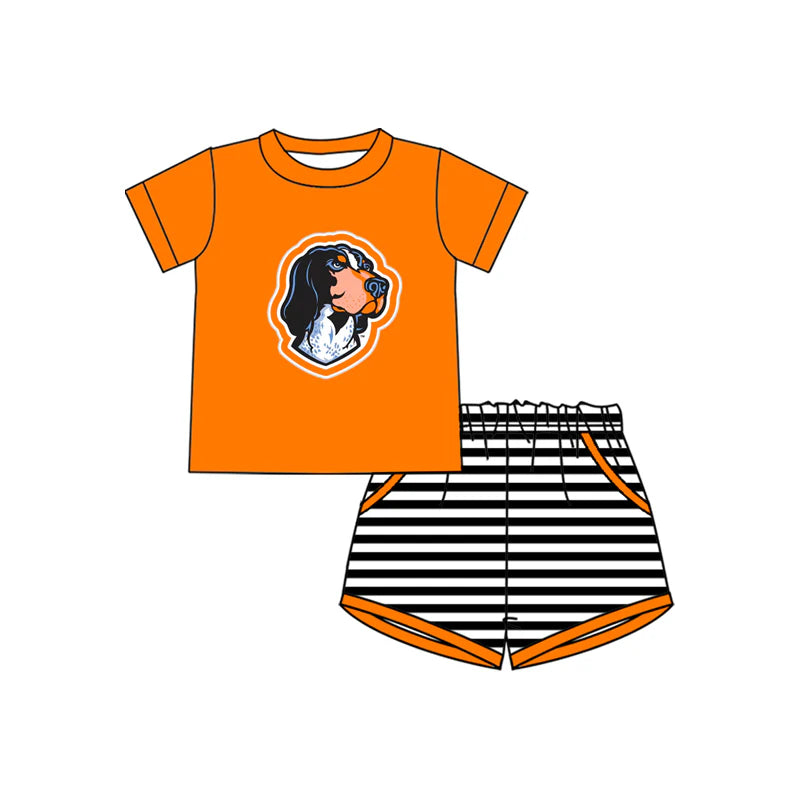 ( Moq 5 ) Baby Boys Orange Short Sleeves Dog Shirt Stripes Pockets Shorts Team Clothes Set