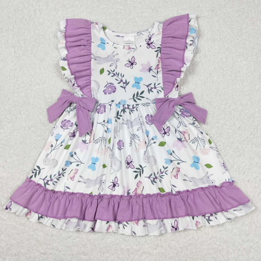 Baby Girl Easter Purple Short Sleeves Rabbits Floral Dress