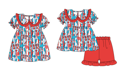 ( Moq 5 Each Style ) Baby Girls Kids Short Sleeves Flower Stripes Sibling 4th of July Dress Set
