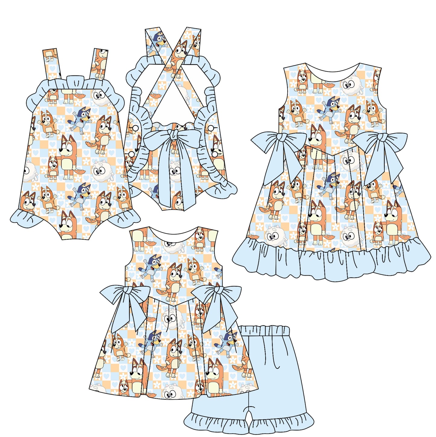 Baby Girl Straps Dogs Blue Bows Sibling Romper Dress Set ( Moq 5 Each Style ) 2.17