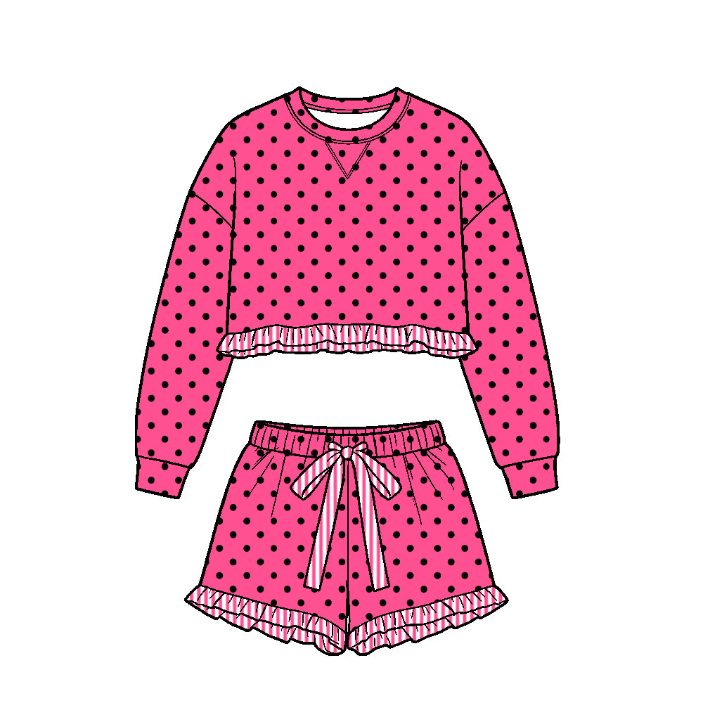 ( Moq 5 ) Baby Girls Kids Long Sleeves Ruffle Shirt Black Dots Shorts Set Hot Pink Clothes