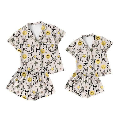 ( Moq 5 Each Style ) Baby Girl Adult Women Buttons Smile Bows Shirt Shorts Sibling Mommy And Me Family Pajamas Sets