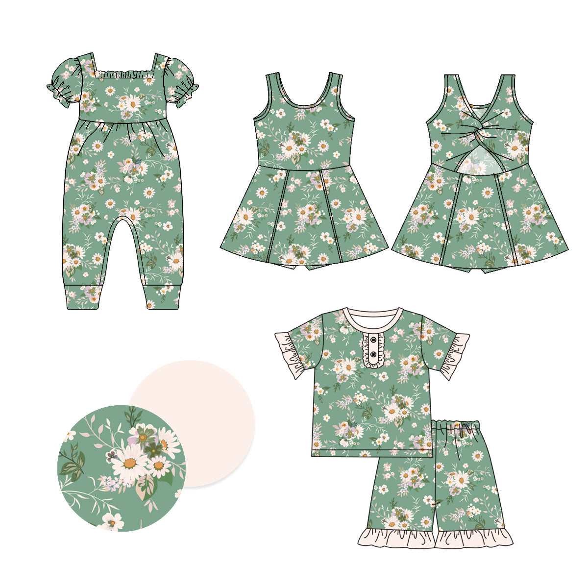 Baby Girl Flower Green Sibling Dress Romper Set ( Moq 5 Each Style ) 1.4