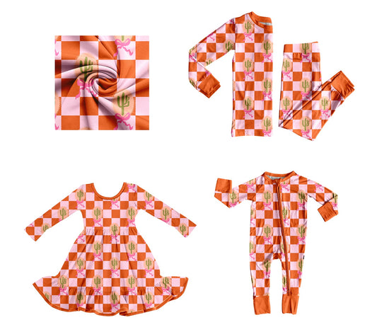 ( Moq 5 Each Style ) Baby Girl Toddler Western Cactus Bows Plaid Sibling Romper Dress Set