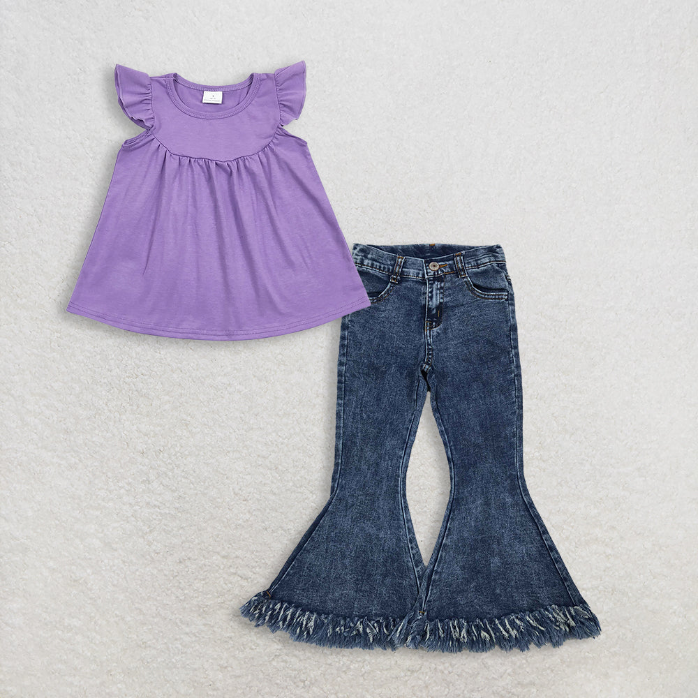 Baby Girls Kids Short Sleeves Purple Tunic Denim Jeans Bell Pants Set RTS