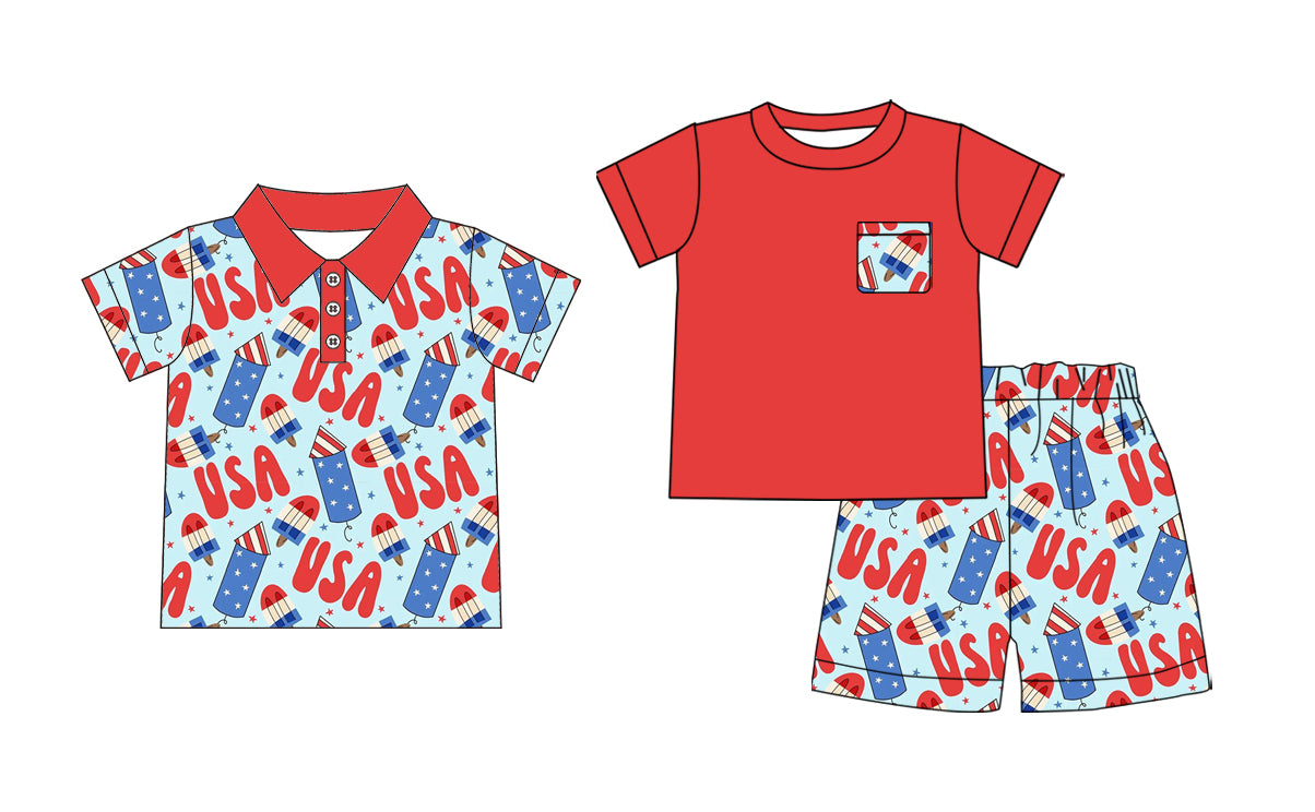 ( Moq 5 Each Style ) Sibling Baby Boys Kids Short Sleeves Popsicle 4th of July Shirt Set
