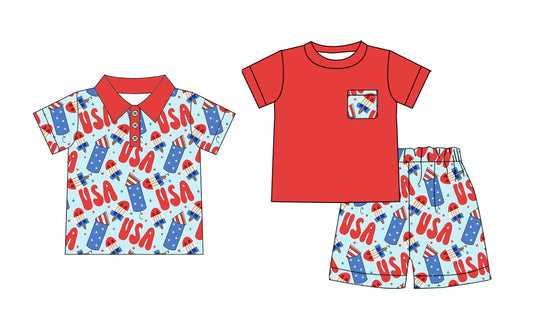 ( Moq 5 Each Style ) Sibling Baby Boys Kids Short Sleeves Popsicle 4th of July Shirt Set