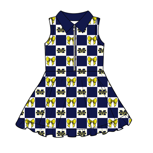 ( Moq 5 ) Baby Girls Kids Toddler Yellow Bows Navy Plaid Team Zipper Shorts Knee Length Dress