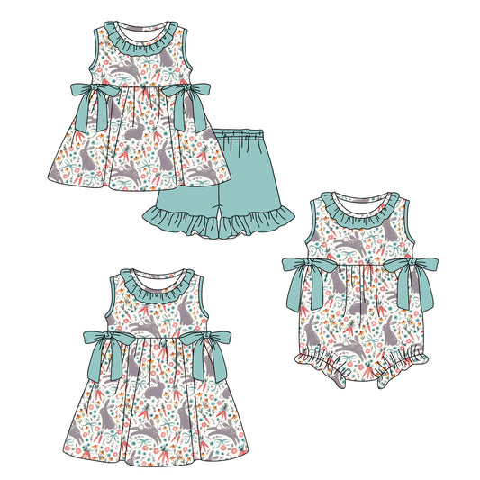 ( Moq 5 Each Style ) Baby Girls Kids Easter Rabbits Carrots Floral Bows Sibling Romper Dress Set