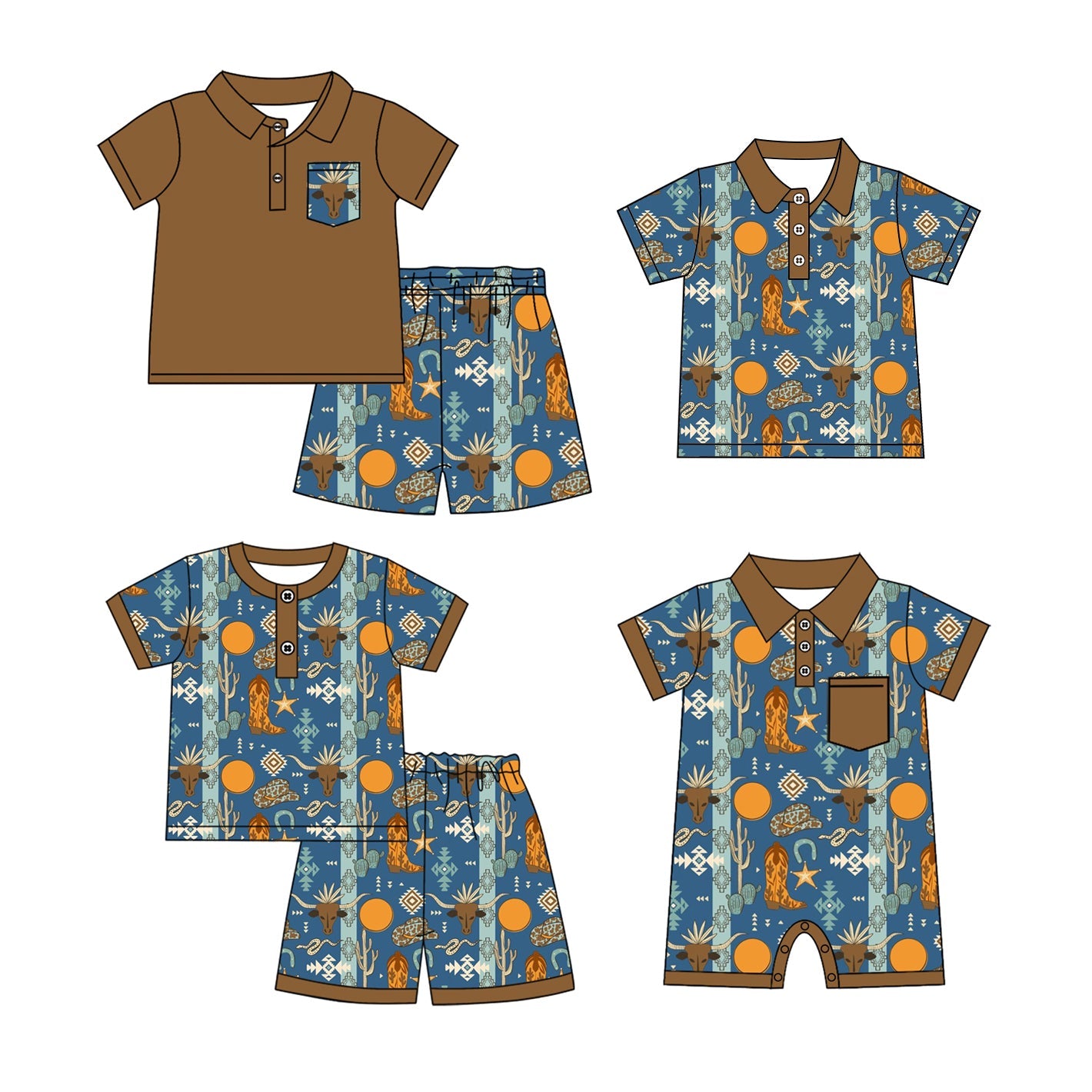 Baby Boy Short Sleeves Western Cow Cacuts Sibling Romper Set ( Moq 5 Each Style ) 12.19