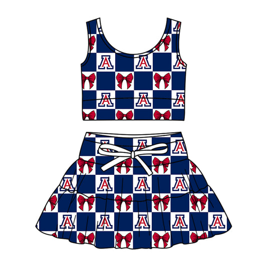 ( Moq 5 ) Baby Girls Kids Bows Navy Checked Tops Shorts Skirt Team Set
