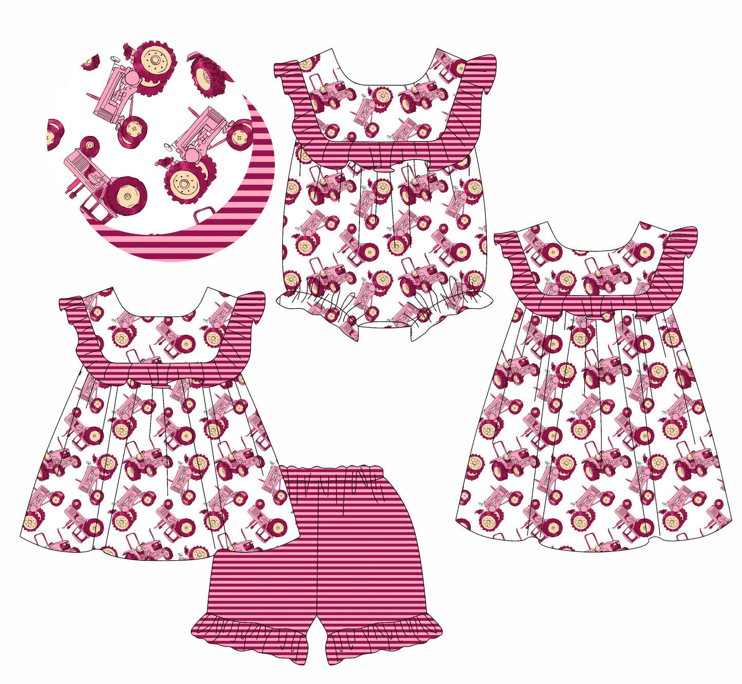 Baby Girl Tractors Farm Ruffle Sibling Romper Dress Set ( Moq 5 Each Style ) 1.13