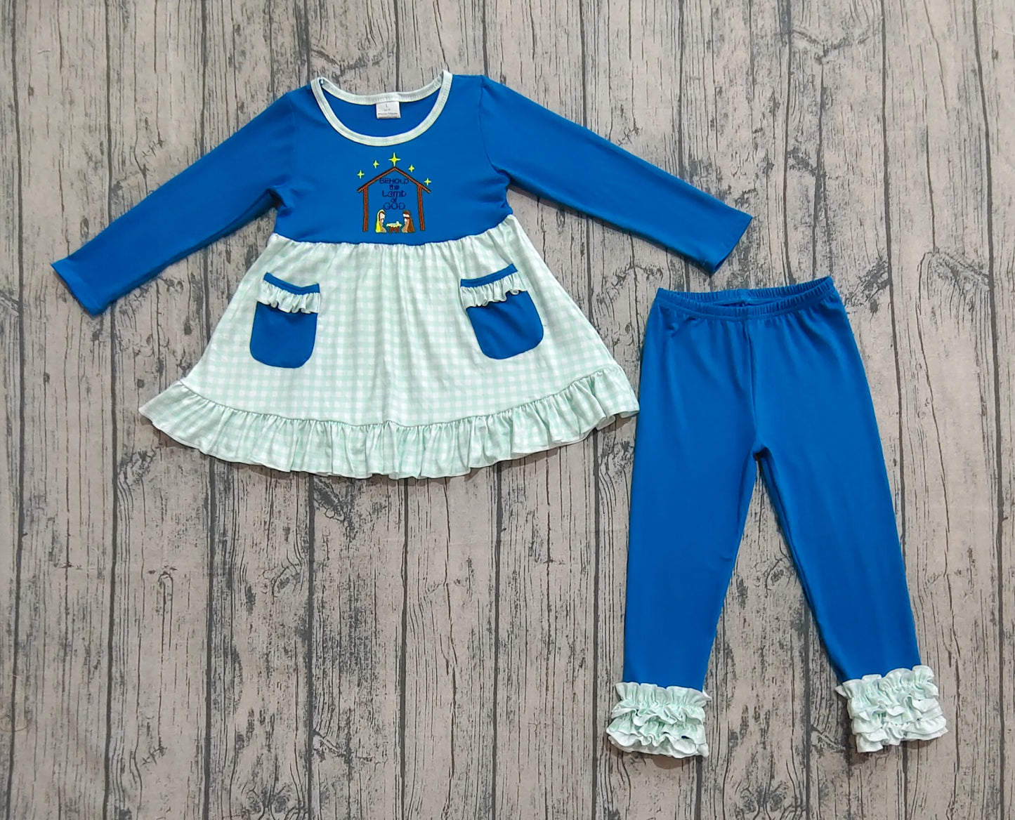 Baby Girl Infant Long Sleeves Embroidery Nativity Plaid Pockets Tunic Ruffle Pants Christmas Set RTS