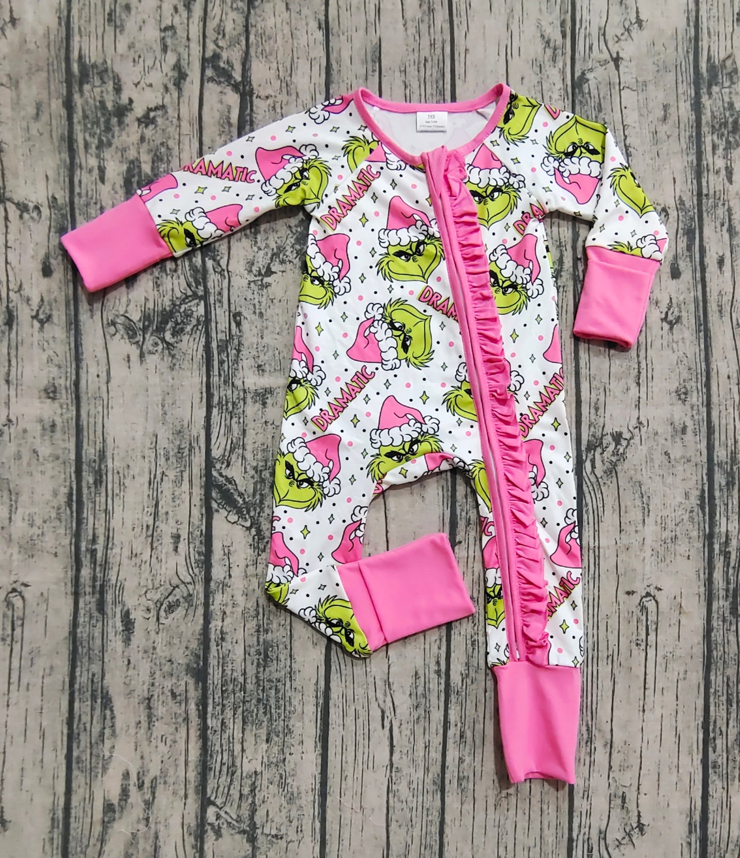 Baby Girl Long Sleeves Green Face Christmas Pink Ruffle Zipper Romper RTS