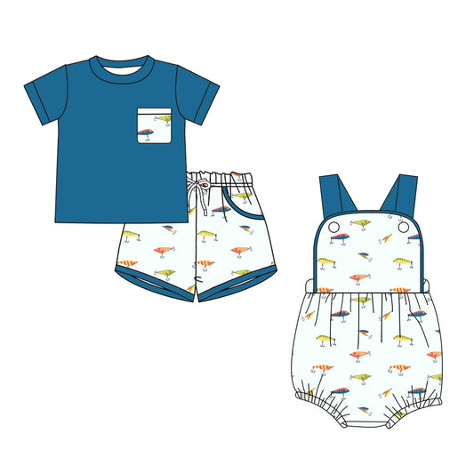( Moq 5 Each Style ) Sibling Baby Boys Kids Fishing Shirt Pockets Shorts Set Romper