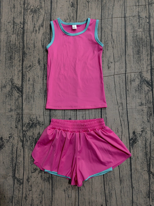 ( No moq ) Preorder Baby Girls Kids Sleeveless Pink Tops Ruffle Shorts Set Yoga Active Clothes