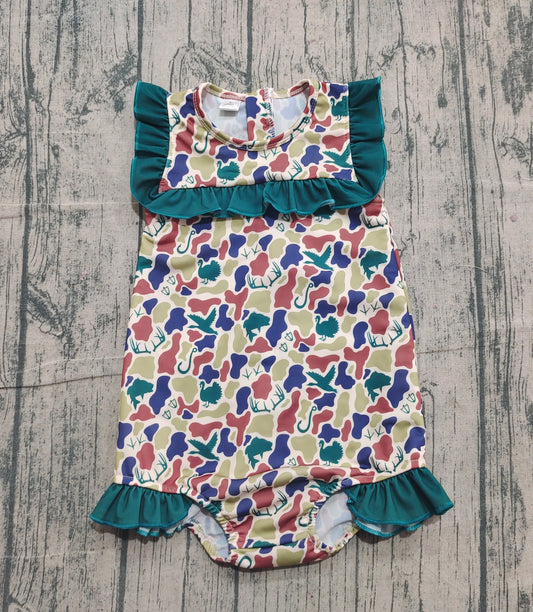 ( No moq ) Preorder Baby Girls Deer Ducks Camo Green Ruffle One-piece Swimsuit