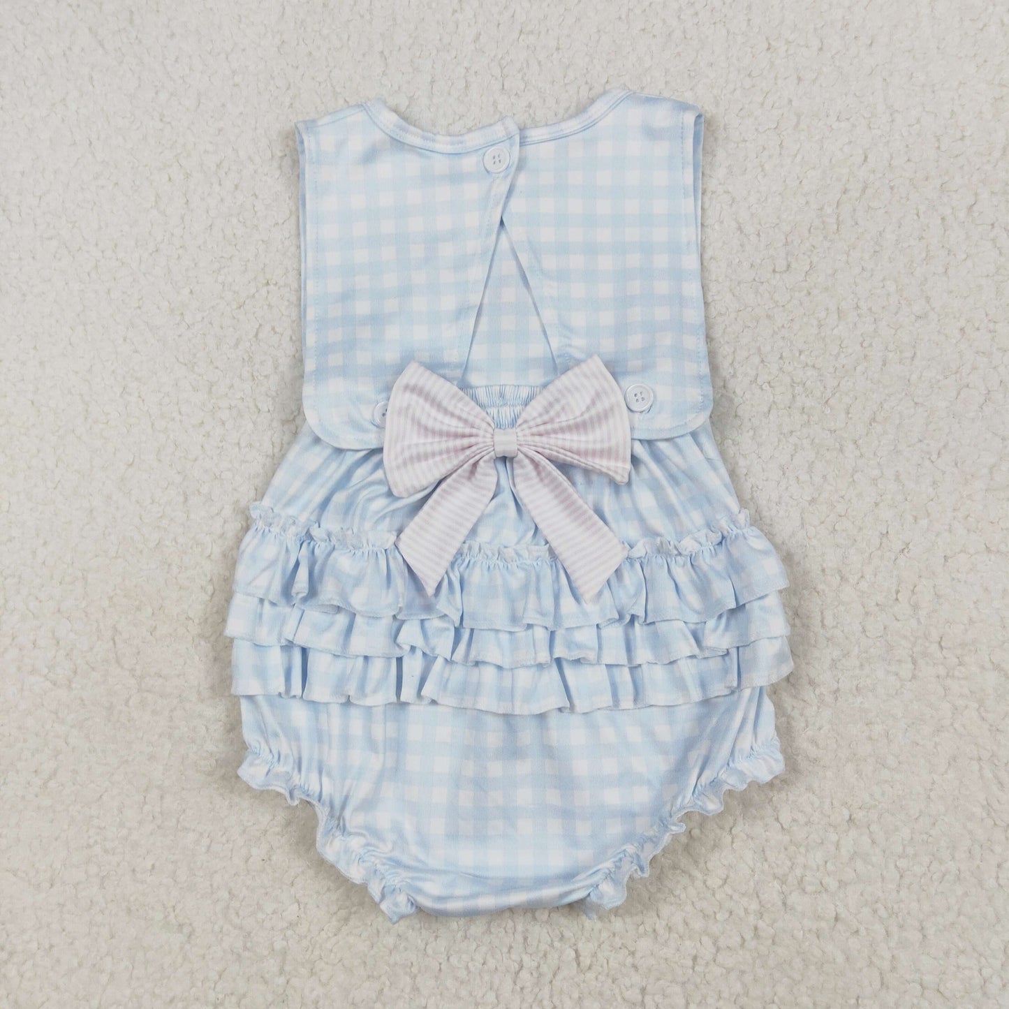 No moq Baby Girl Infant Sleeveless Blue Plaid Embroidery Bows Ruffle Bubble Romper