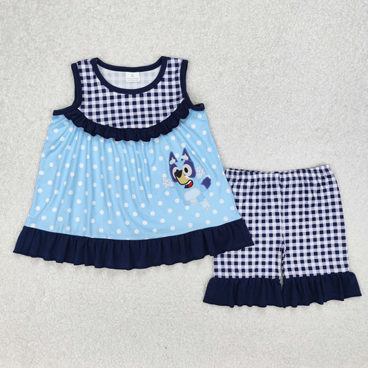 Baby Girl Blue Dots Dogs Tunic Checked Shorts Clothes Set RTS