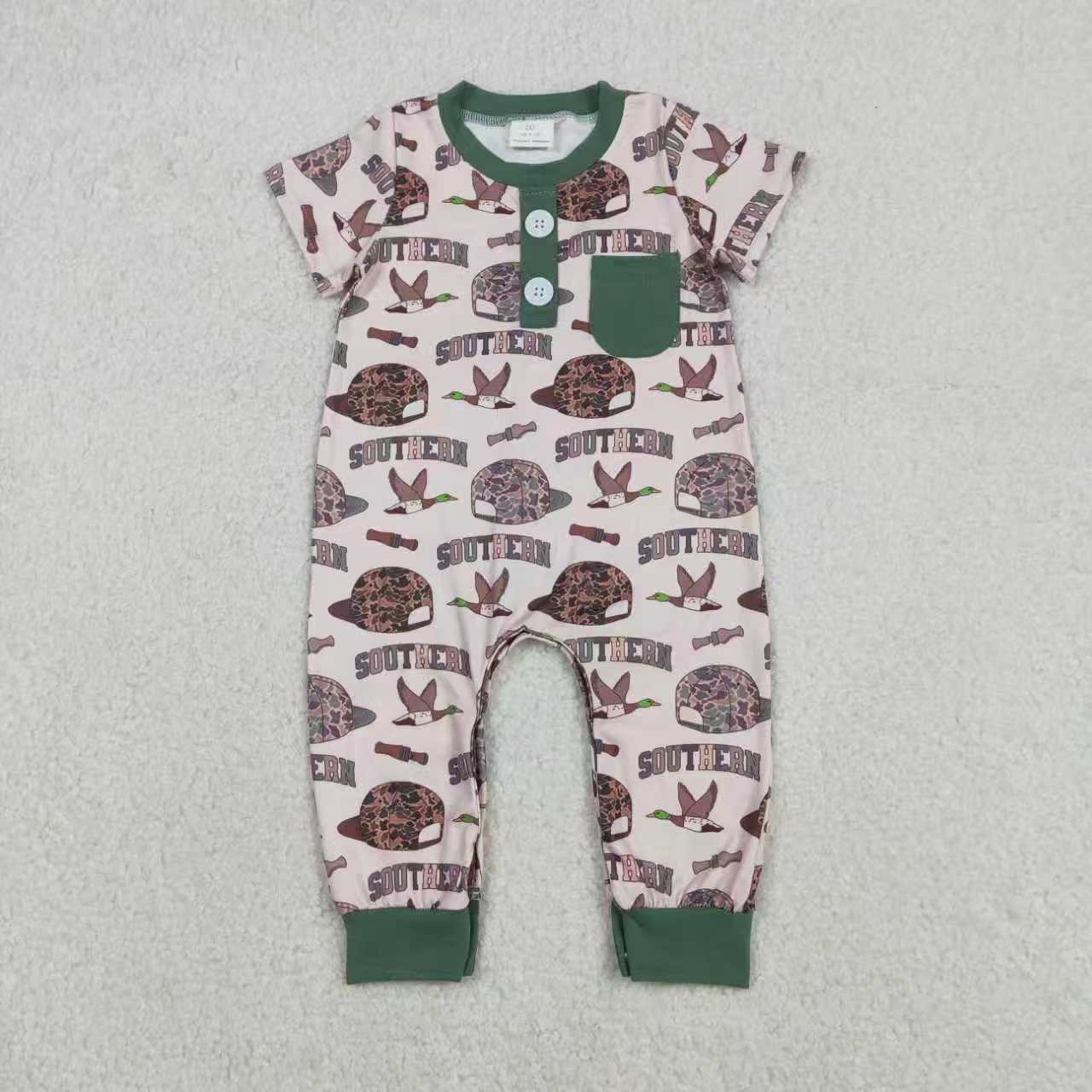 Sibling Baby Boys Short Sleeves Camo Hats Ducks Hunting Southern Buttons Romper Outfit RTS