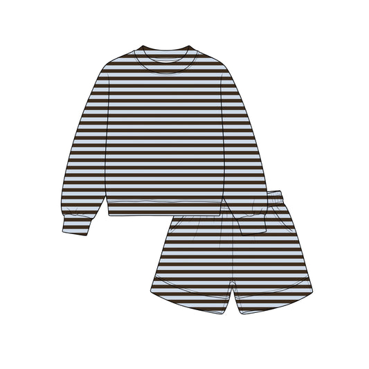 ( Moq 5 ) Preorder Baby Girls Kids Long Sleeves Stripes Pullover Pockets Shorts Set Clothes
