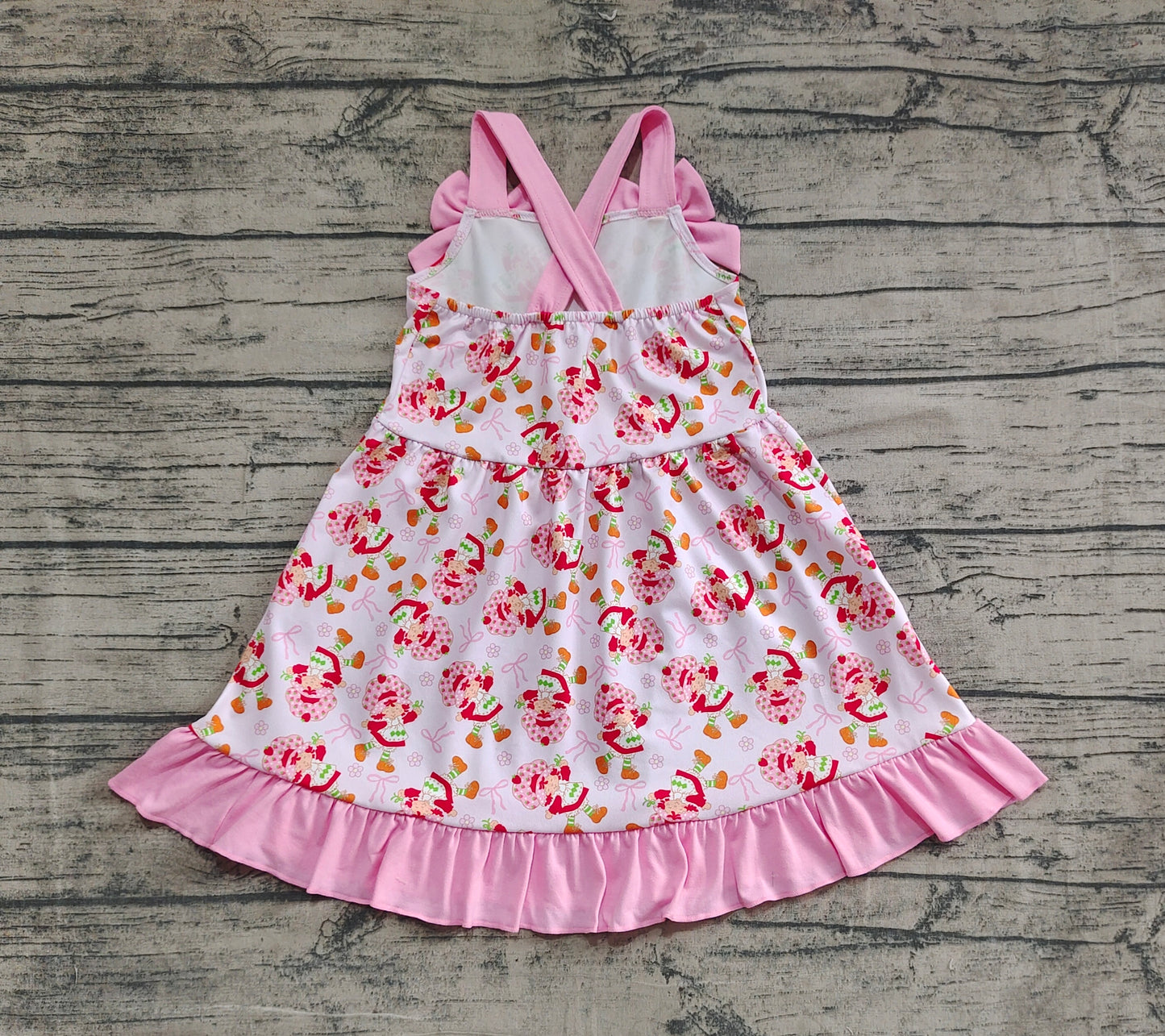 Baby Girl Pink Strap Bows Strawberry Floral Knee Length Dress RTS
