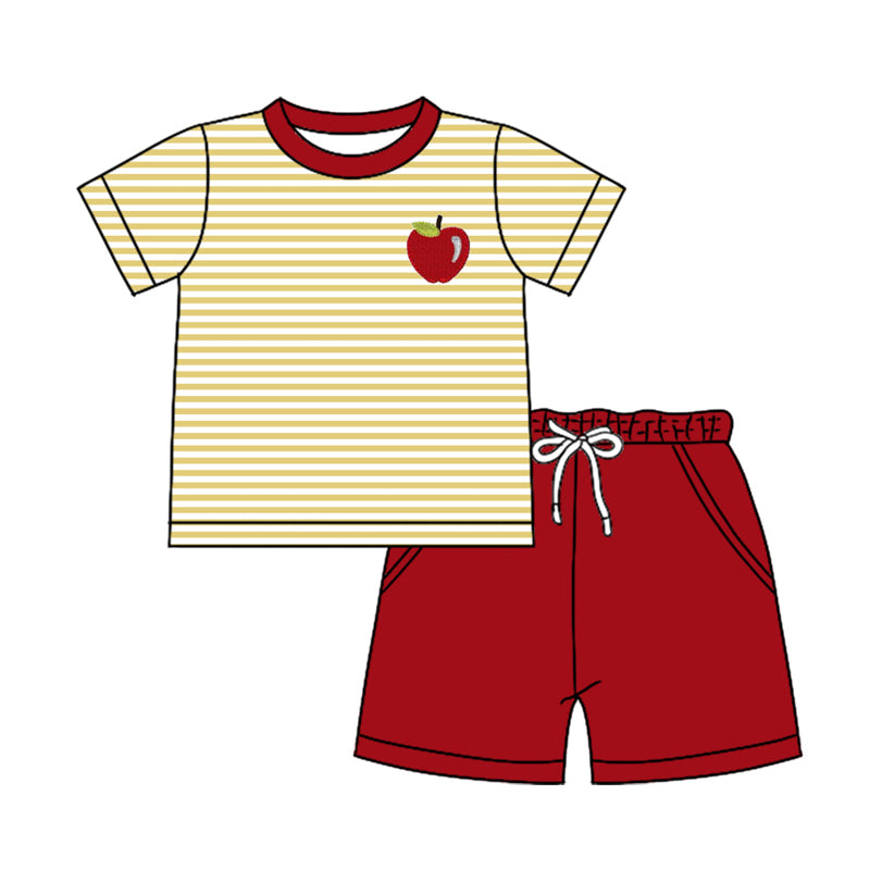 Baby Boy Short Sleeves Stripes Apple Shirt Red Pockets Shorts Back To School Clothes Set Moq 5
