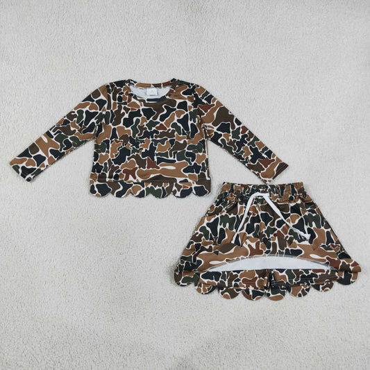 Baby Girls Kids Long Sleeves Shirt Scallop Pockets Skirt Shorts Brown Camo Set Clothes