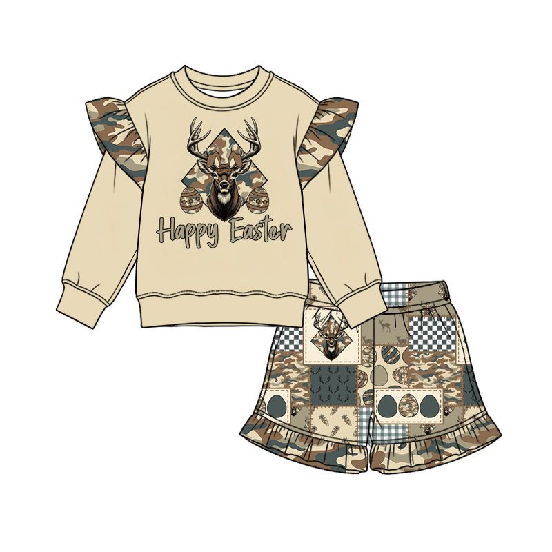 ( Moq 5 ) Preorder Baby Girls Kids Deer Shirt Ruffle Eggs Easter Shorts Set Camo Clothes
