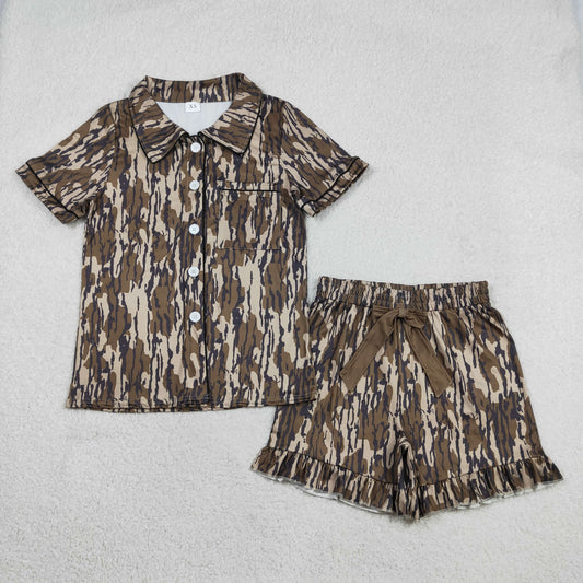 Adult Women Short Sleeves Camo Buttons Pocket Shirt Ruffle Bow Shorts Pajamas Set RTS