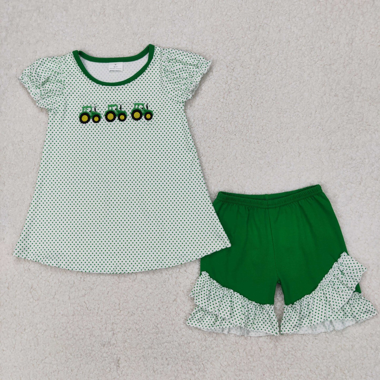 Baby Girl Short Sleeves Green Embroidery Farm Tractors Stripes Tops Ruffle Shorts Set RTS