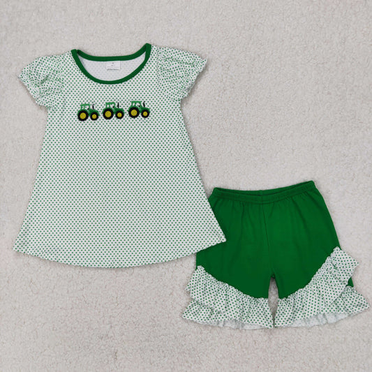 Baby Girl Short Sleeves Green Embroidery Farm Tractors Stripes Tops Ruffle Shorts Set RTS