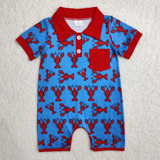 Baby Boy Infant Short Sleeves Crawfish Red Pocket Buttons Romper