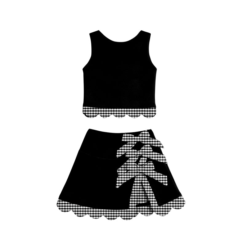 ( Moq 5 ) Preorder Baby Girls Kids Scallop Shirt Black Plaid Bows Skirt Shorts Set Yoga Active Clothes