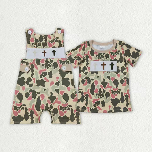 Sibling Baby Boys Kids Embroidery Crosses Easter Camo Romper Shirt Tops RTS