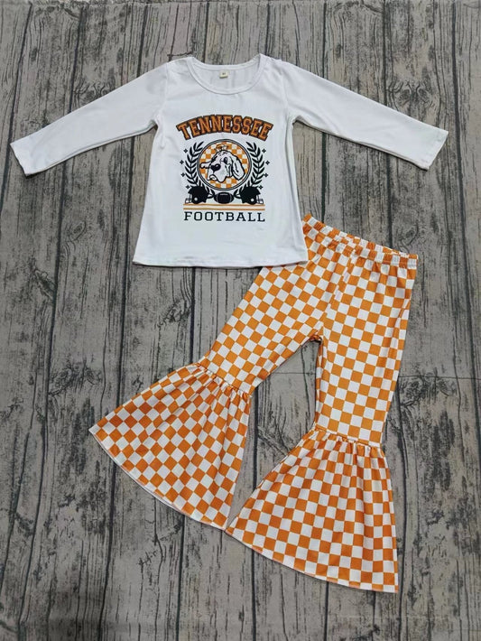 Baby Girl Long Sleeves Dog Team Shirt Checkered Bell Pants Set Moq 5