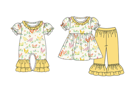 ( Moq 5 Each Style ) Girls Kids Short Sleeves Chicken Flower Sibling Romper Set