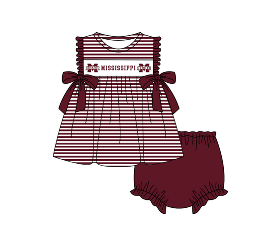 ( Moq 5 ) Baby Girls Toddler M Dark Red Bows Stripes Tops Bummie Shorts Team Set