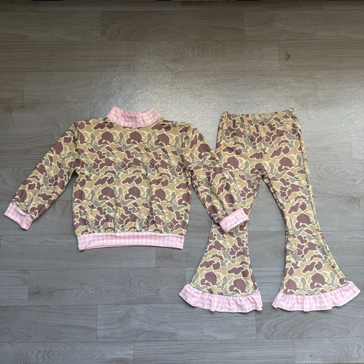 Baby Girls Kids Long Sleeves Plaid Pullover Camo Bell Pants Set Clothes RTS