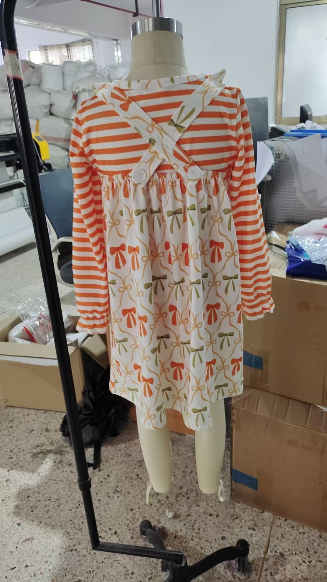 Baby Girl Long Sleeves Stripes Shirt Sleeveless Pockets Bows Dress Set RTS